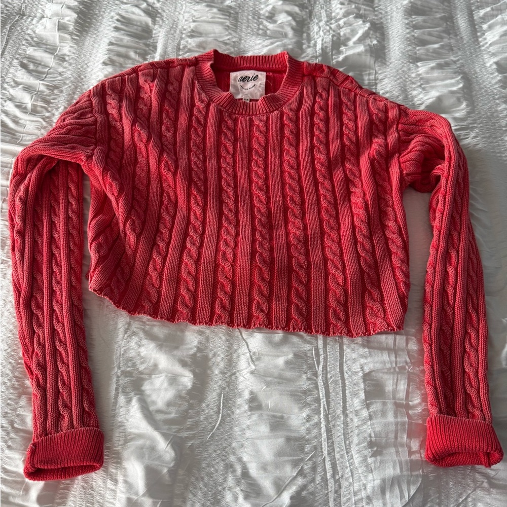 Aerie Cropped Cable Knit Sweater - Coral Pink